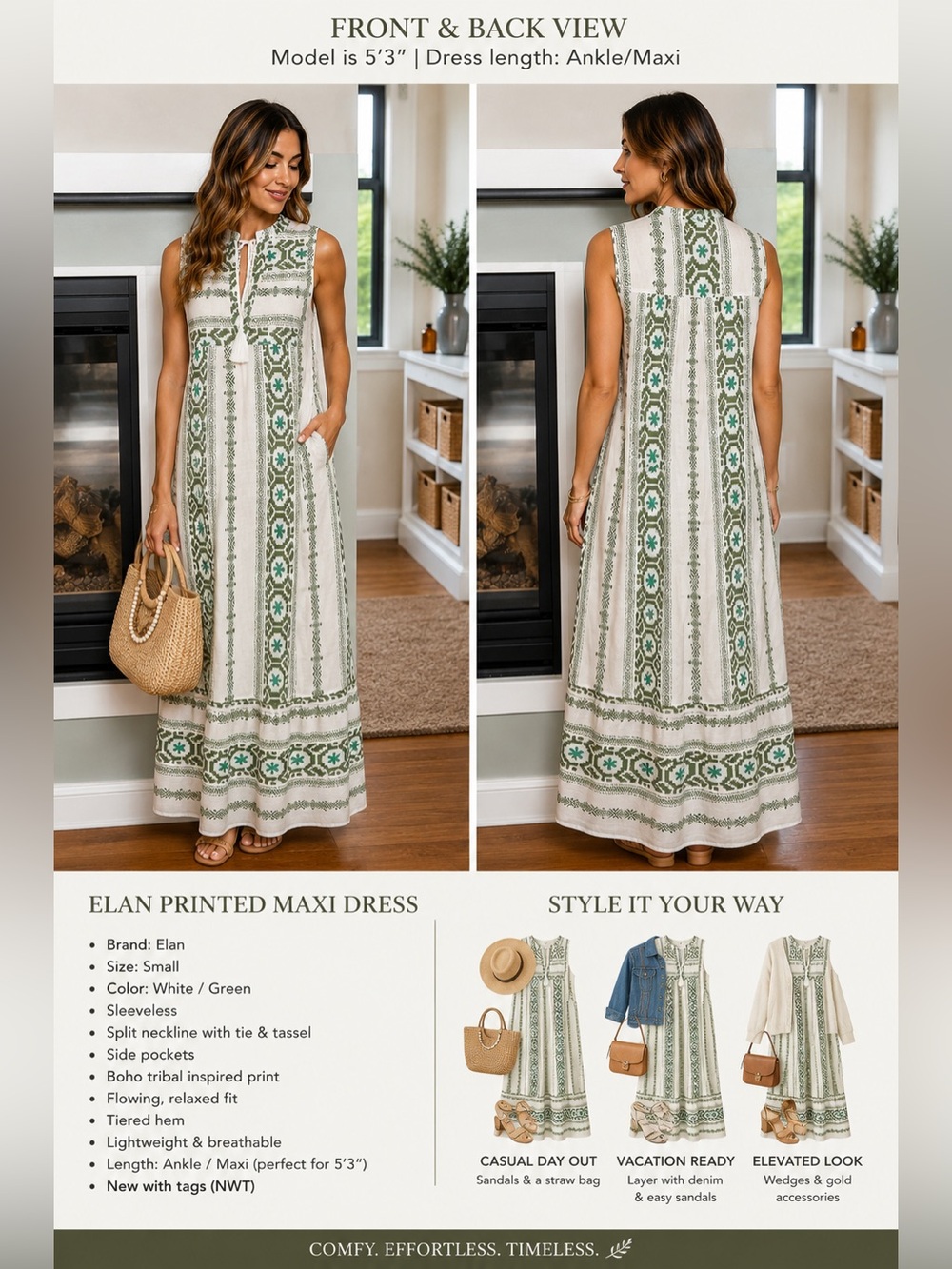 Elan Green & White Boho Printed Maxi Dress Size Small NWT